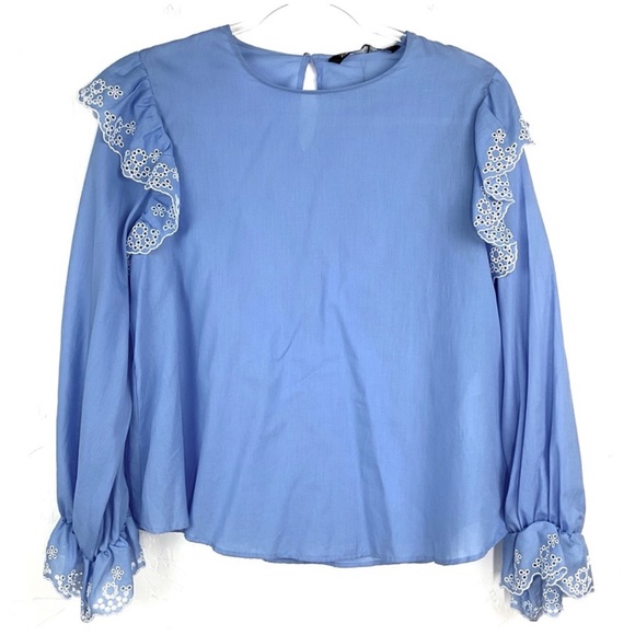 Zara Small Blue White Eyelet Embroidered Frill Ruffle Boxy Long Sleeve Top - Picture 2 of 2